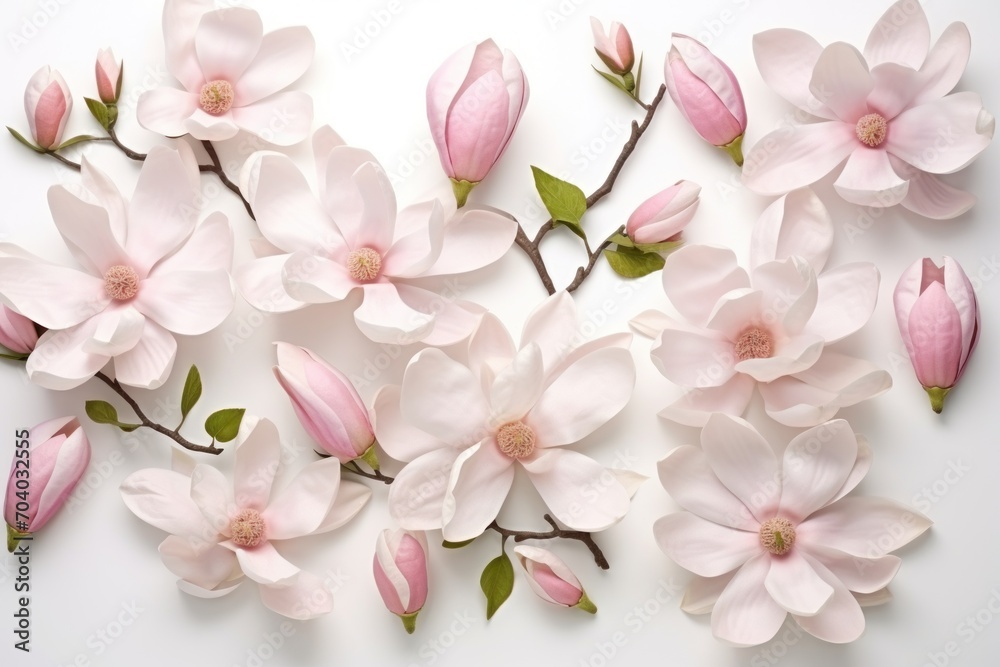  a bunch of pink flowers with green leaves on a white background with a place for the text on the left side of the image is a branch with pink flowers.