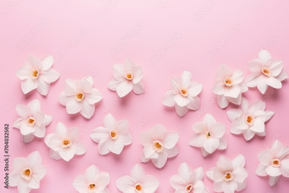  a group of white flowers on a pink background with space for a text or an image to put on a greeting card or a greeting card or a gift card.