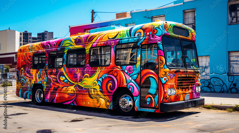 A colorful graffiti-covered bus and a vibrant art car in an urban art district showcasing street art.