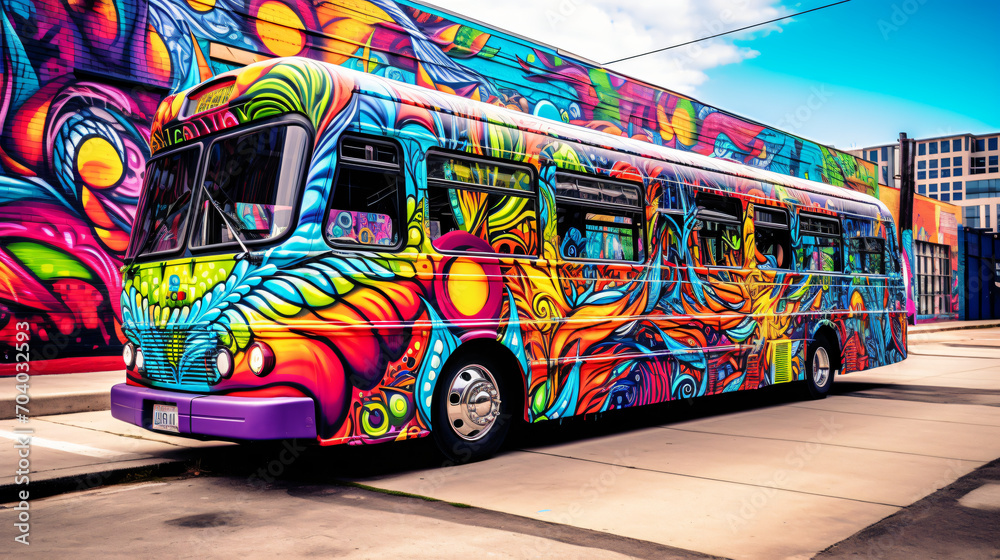 A colorful graffiti-covered bus and a vibrant art car in an urban art district showcasing street art.