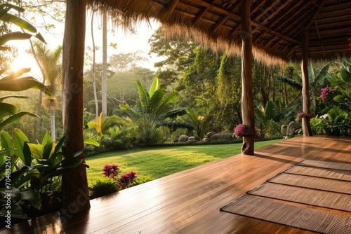 A serene yoga retreat in a lush tropical rainforest photo