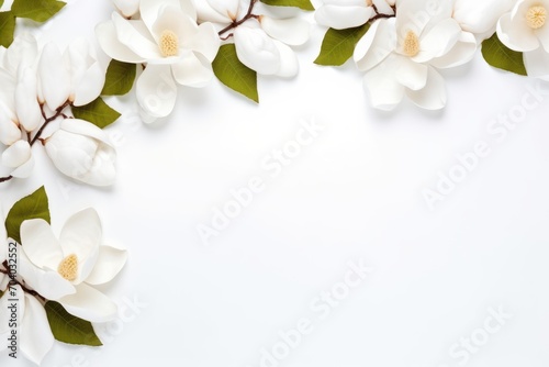  a bunch of white flowers with green leaves on a white background with a place for a text or an image with a place for a place for your own text.