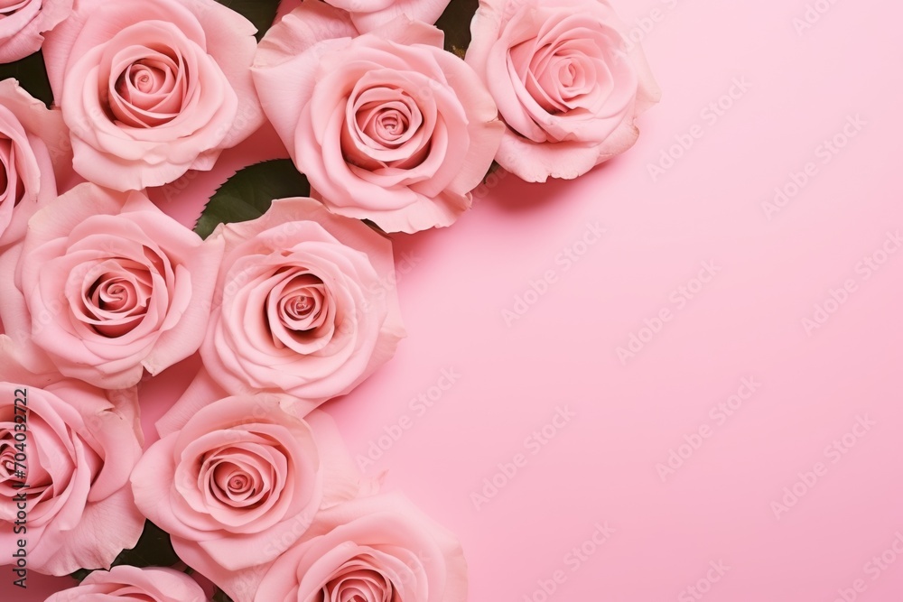  a bunch of pink roses laying on top of a pink background with a place for a text on the top of the image is a bunch of pink roses on a pink background.