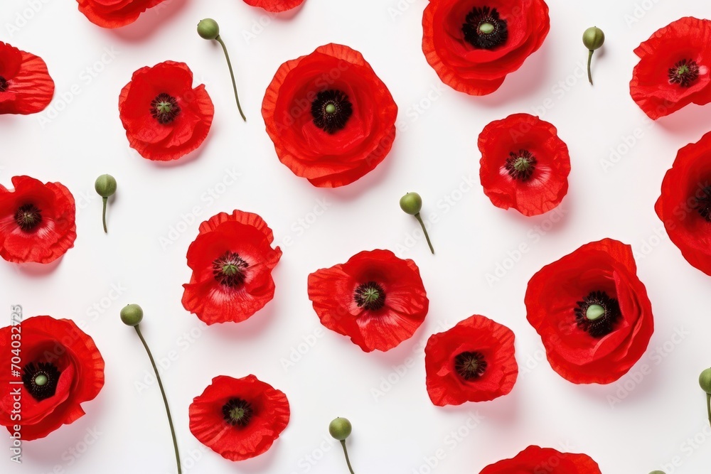 a group of red flowers sitting next to each other on a white surface with a green stem in the middle of the picture and a single flower in the middle of the middle. a group of red flowers sitting next to each other on a white surface with a green stem in the middle of the picture and a single flower in the middle of the middle.