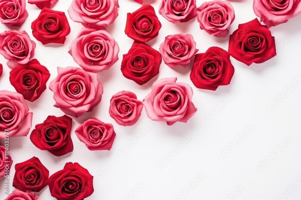 a bunch of red roses laying next to each other on a white surface with a lot of red roses in the middle of the frame on the left side of the picture. a bunch of red roses laying next to each other on a white surface with a lot of red roses in the middle of the frame on the left side of the picture.