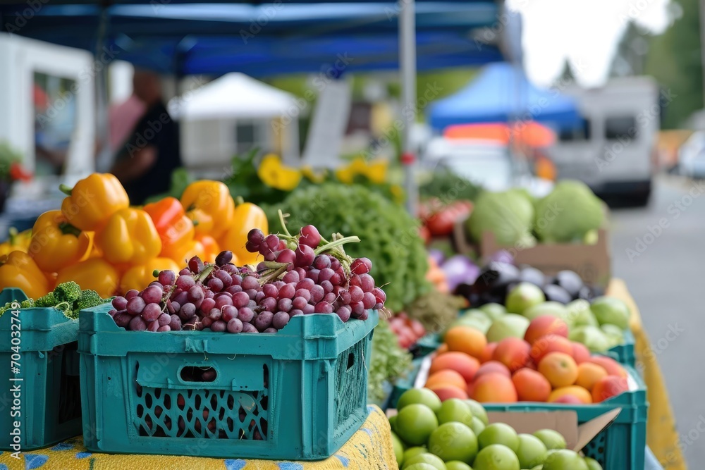A vibrant farmers' market in a small town with local produce and handmade crafts