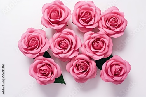  a bunch of pink roses sitting on top of a white table next to a green leafy plant in the center of the picture  on a white background is a white surface.