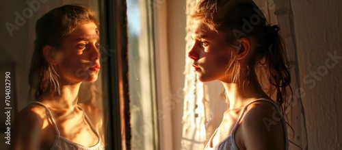 Teenage anorexia: a girl perceives herself as overweight, a mental and eating disorder. photo