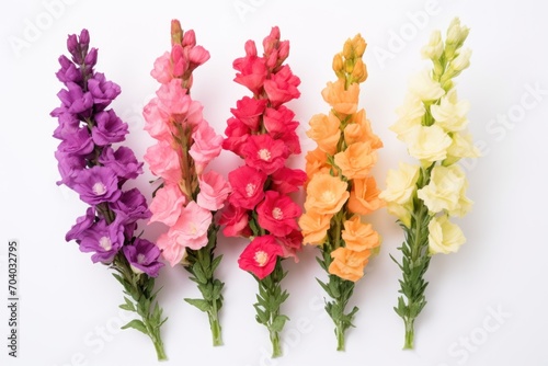 five different colored flowers are lined up in a row on the side of a white background, with one of the flowers in the middle of the row in the middle of the row.