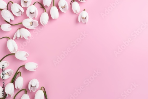  a bunch of white tulips on a pink background with a place for a text or an image with a place for a text on a pink background with a place for text. #704032799