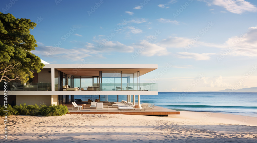 A contemporary beachfront villa with floor-to-ceiling windows overlooking a pristine beach.