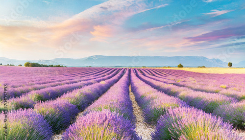 Vibrant purple lavender fields under golden sunlight in Valensole  France  evoking serenity and beauty