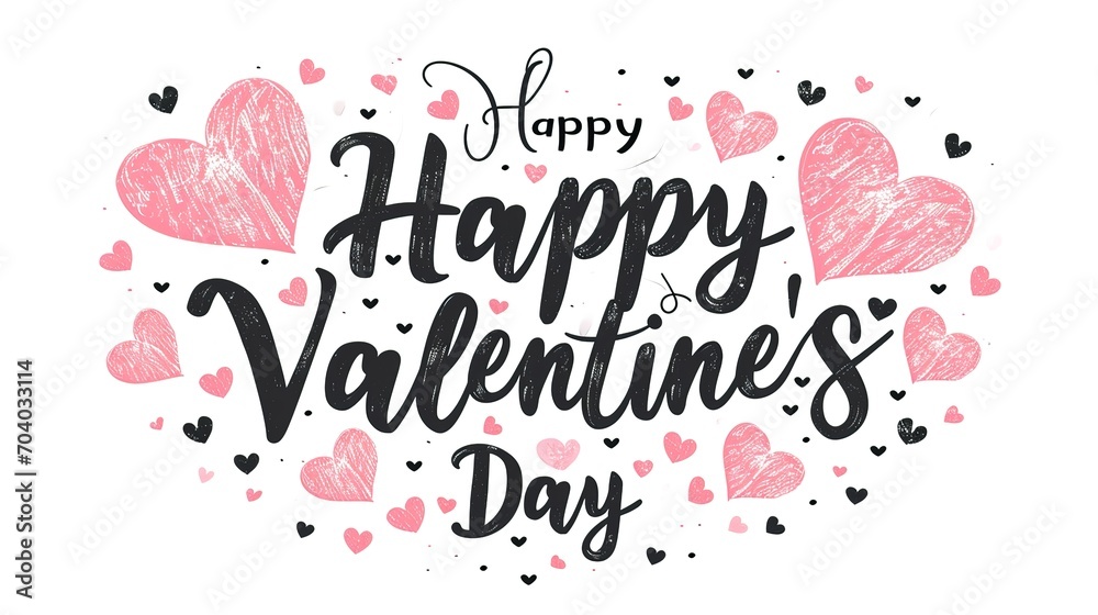 Wallpaper with Happy Valentines Day text handwritten and hearts on the white background