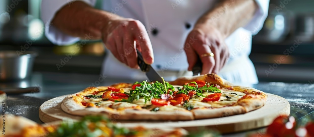 Chef baker in white uniform cutting pizza closeup