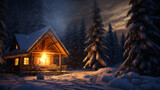 A cozy cabin in a snowy forest with warm lights and smoke rising from the chimney.
