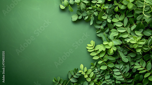 fresh moringa leaves on green background