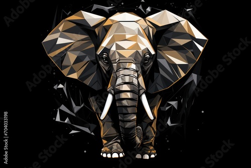  an elephant's head is shown in a low polygonic style, with a black background and white dots on the bottom half of the elephant's head. photo