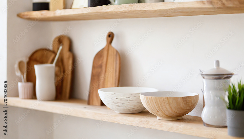 Minimalist kitchen setup: wooden bowls, cutting boards on table against beige wall in modern aesthetic