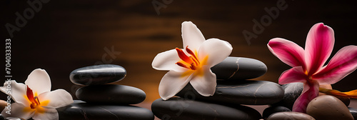 Brown spa background featuring massage stones  exotic flower  and ample copy space