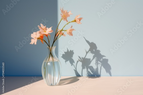  a vase with some flowers in it sitting on a table with a shadow of the vase on the wall behind the vase and the shadow of the flowers on the table.