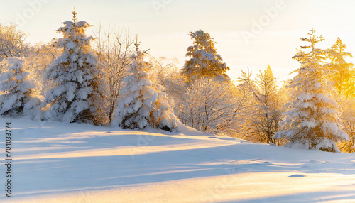 Winter wonderland: Snow-covered landscape with trees under bright sun © Your Hand Please