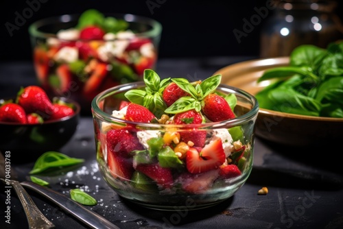  a close up of a bowl of food with strawberries and spinach on a table next to a bowl of spinach and a bowl of spinach on a table.