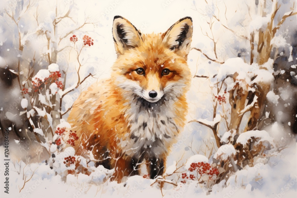a painting of a fox in the snow with berries in the foreground and a background of trees, bushes, and branches with red berries in the foreground. a painting of a fox in the snow with berries in the foreground and a background of trees, bushes, and branches with red berries in the foreground.