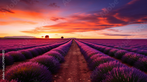 A field of lavender with rows stretching to the horizon at sunset.