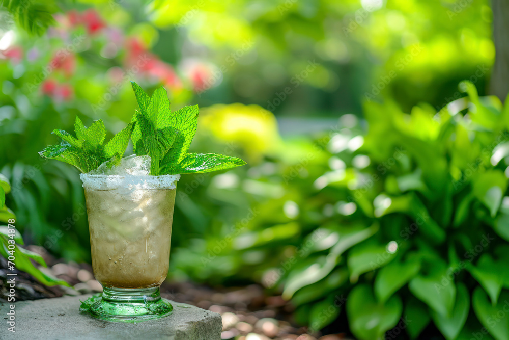 Mint Julep garden setting, an image featuring a Mint Julep cocktail served in a garden or outdoor setting, with fresh mint leaves and a stylish presentation. Mint Julep garden setting, an image featuring a Mint Julep cocktail served in a garden or outdoor setting, with fresh mint leaves and a stylish presentation.