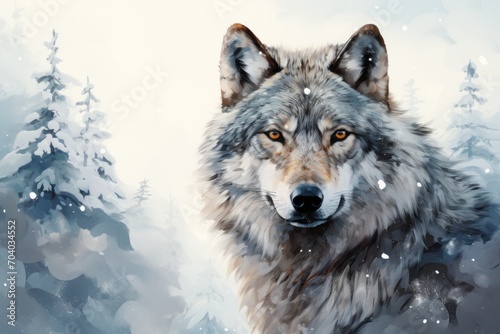  a painting of a wolf in the snow with pine trees in the background and snow flakes on the trees and snow flakes on the ground and snowflakes on the ground. © Shanti