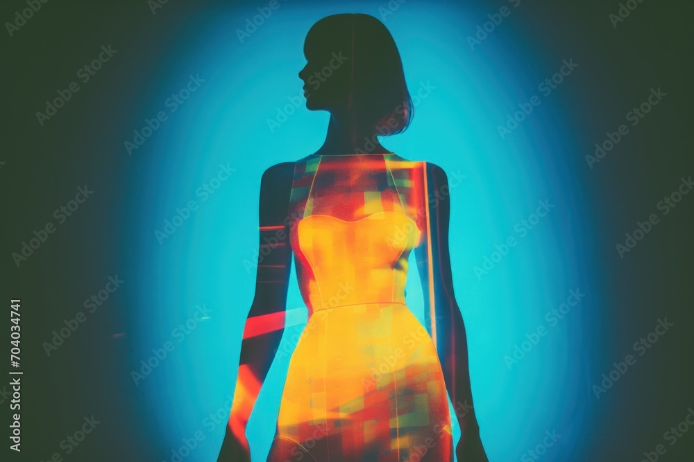  a silhouette of a woman in a yellow dress in front of a blue background with a multicolored image of a woman's body in the foreground.