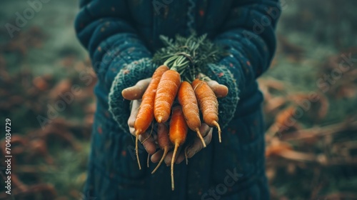  a close up of a person holding a bunch of carrots in their hands with the tops of the carrots still attached to the tops of the tops of the carrots.