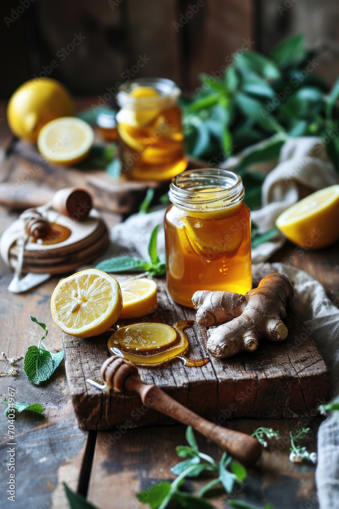 Honey with lemon and ginger and mint on a wooden table