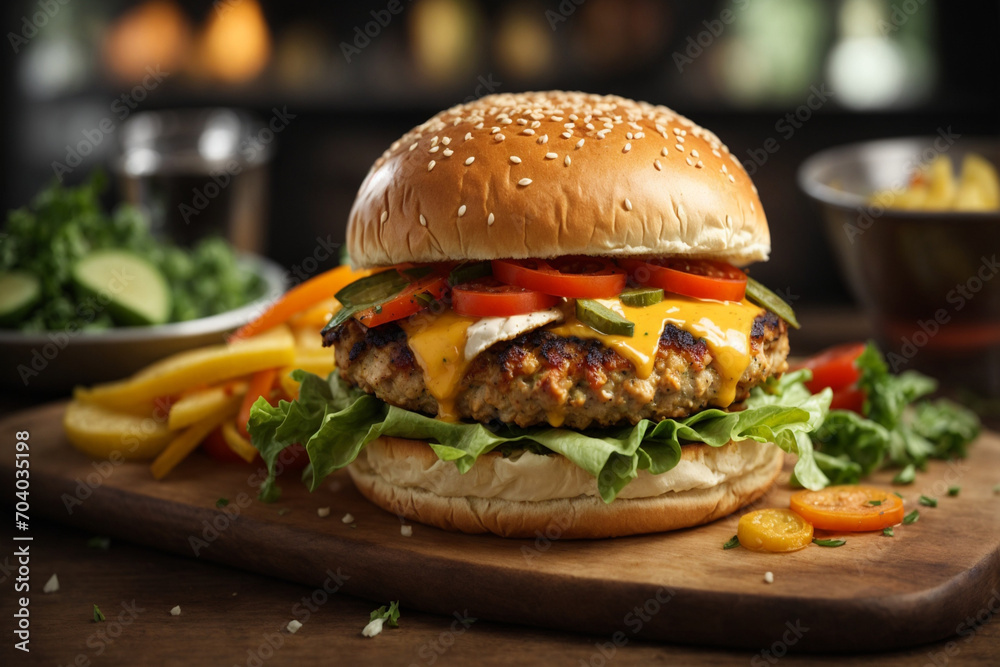 Burger with chicken and vegetables burger with chicken on a yellow background Burger with chicken and vegetables burger with chicken on a yellow background