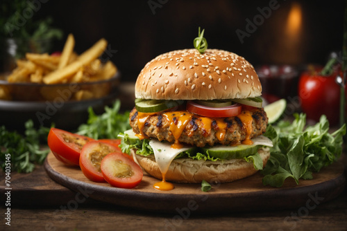 Burger with chicken and vegetables burger with chicken on a yellow background