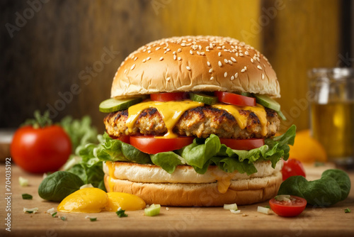 Burger with chicken and vegetables burger with chicken on a yellow background