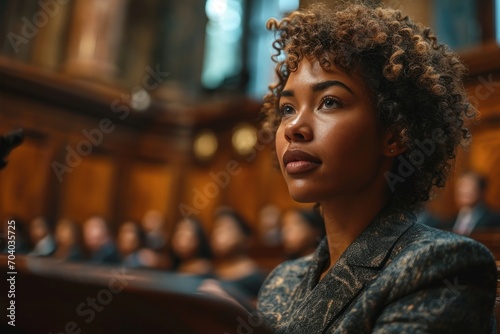 A female public defender passionately presenting a case in a court of justice