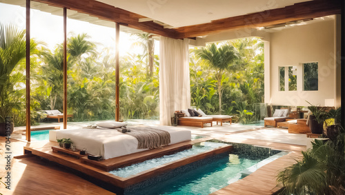 Bedroom with pool, tropical plants contemporary