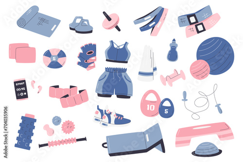 Workout equipment collection with sportswear. Fitness tool set isolated. Aerobic accessories for active healthy lifestyle. Sport exercise icon bundle. Home training hand drawn flat vector illustration