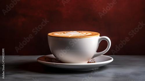 Cappuccino cup on a table against a gray and brown background  providing copy space.