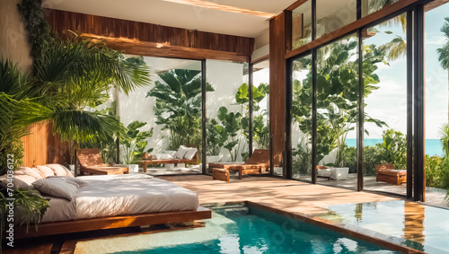 Bedroom with pool, tropical plants comfort