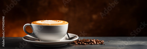 Cappuccino cup on a table against a gray and brown background, providing copy space.