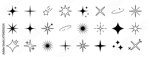 Retro futuristic sparkle icons collection. Set of star shapes. Abstract shine symbols, Y2k elements. Perfect for design posters, projects, banners, logo. Vector illustration