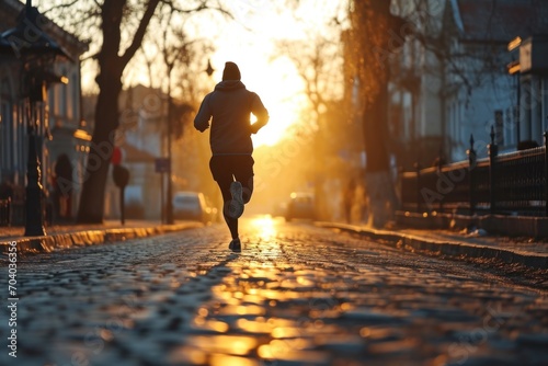 Embracing an active lifestyle, a fit man runs through the city during his morning routine