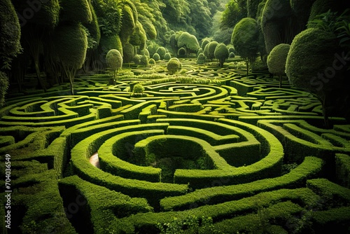 Green labyrinth of verdant shrubbery in garden 