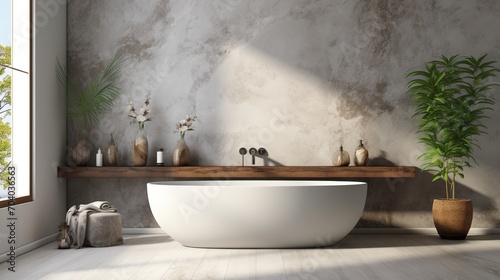 Bathroom interior with a large bathtub  plants  and a wooden shelf