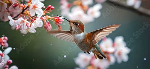 A close-up of a hummingbird flying near a flower. © Alina Zavhorodnii