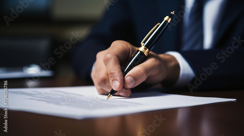 An executives hand signing a significant business contract with a luxury fountain pen.