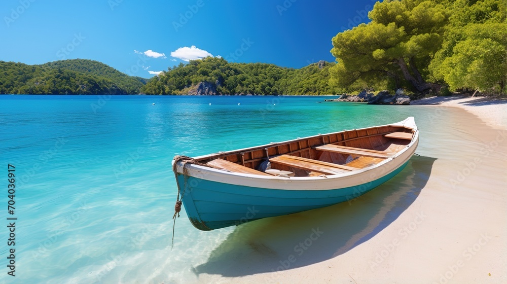 Wooden boat on a tropical beach with white sand and crystal clear water