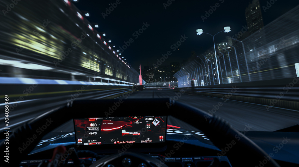 An intense racing game simulation with a realistic cockpit setup and immersive graphics on a curved screen.